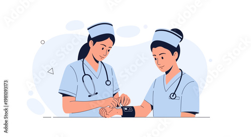 Nurses checking patient's vital signs with blood pressure monitor and smartwatch