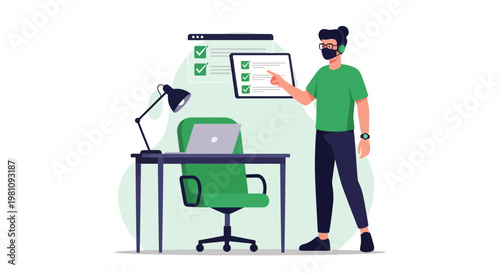 Man with mask checking tasks on tablet at desk with laptop, work from home concept