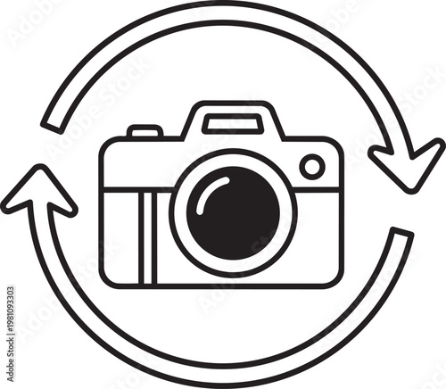 Camera icon with circular arrows indicating recycling or reuse recycling circular photography sustainability environment friendly