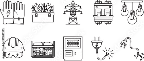 Set of icons representing various aspects of electrical work and safety with power lines light bulbs safety gear electrical panel electrical