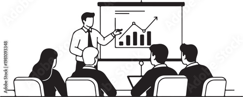 Businessman presenting graph to audience seated at table desi