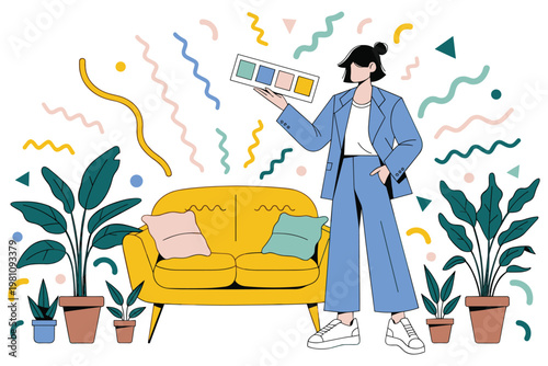 Interior designer holding color palette standing by yellow sofa with plants vector scene.