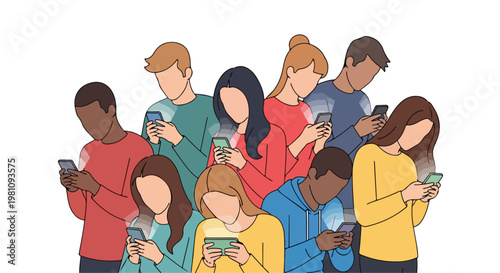 Diverse Group of People Texting on Smartphones Vector Illustration