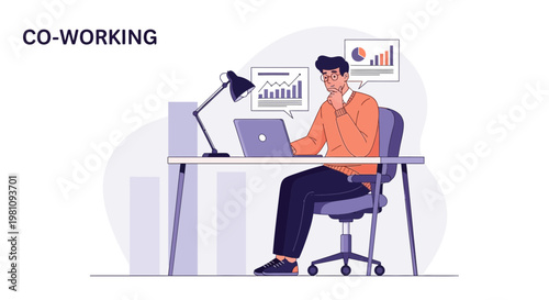 Man working in co-working space with laptop and charts, business analytics concept