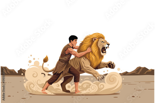 Man wrestling lion in desert landscape with dust clouds and mountains on white background.