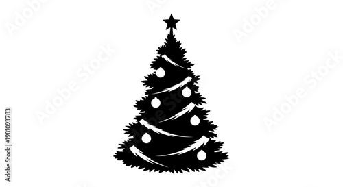 minimalist black and white christmas tree vector illustration with star topper