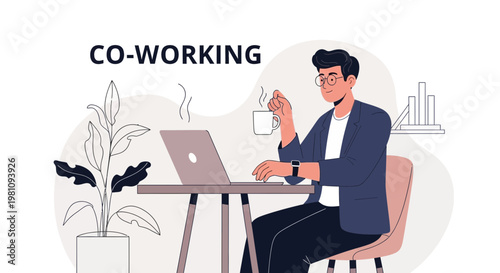 Man working on laptop in co-working space with coffee and plant