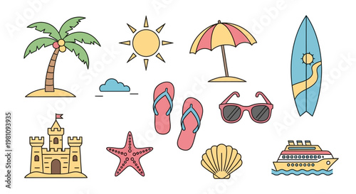 Beach Vacation Summer Holiday Icon Set.
