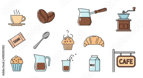 Colorful cafe food and drink icons.