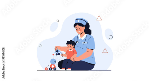 Nurse Playing With Child, Pediatric Care, Happy Healthcare Illustration