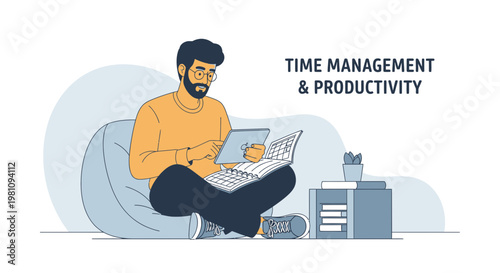 Man working on laptop on beanbag, time management & productivity concept