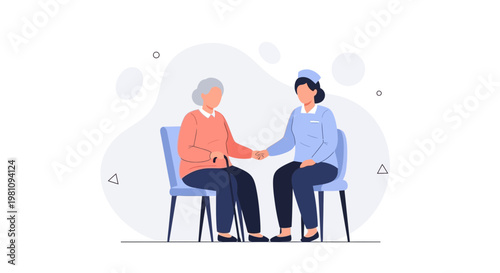 Nurse holding hand of elderly woman, care and support concept, flat illustration