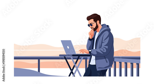 Man working on laptop outdoors with scenic view, modern lifestyle