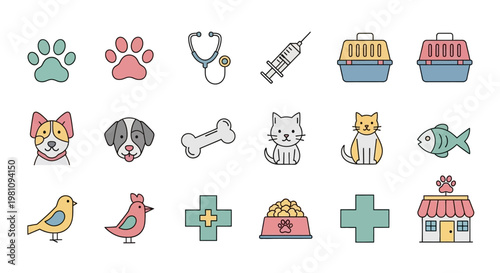 Veterinary care icons for pets health.