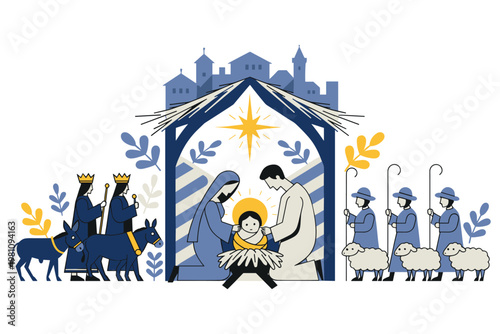 Nativity scene illustration with baby jesus mary and joseph in stable under shining star.