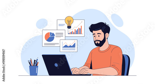 Man working on laptop with business charts and lightbulb, illustrating ideas and strategy