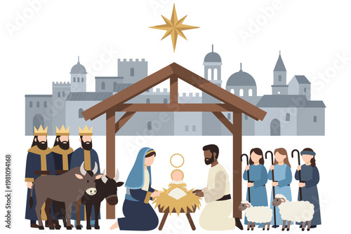 Nativity scene vector illustration. christmas religion birth jesus christ holiday background.
