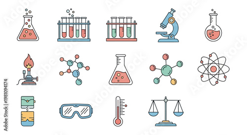 Science laboratory equipment and symbols.