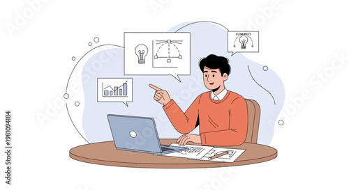 Man working on laptop with business ideas and growth charts, creative concept