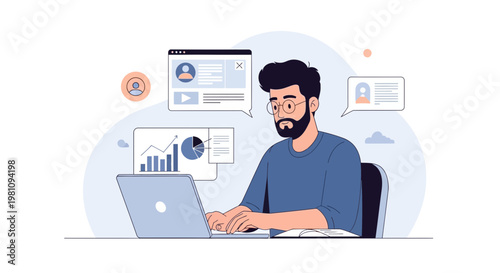 Man working on laptop with charts and analytics, online communication, business concept