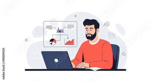 Man working on laptop with data charts on screen, business analytics concept