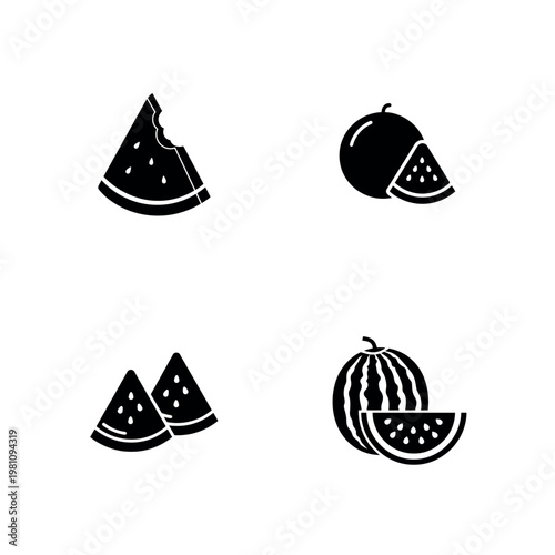 Fresh Watermelon Fruit Slice and Bite Silhouette Vector Icon Set