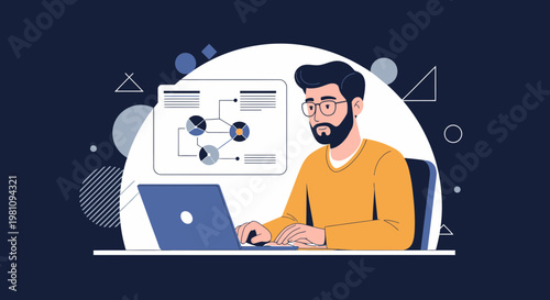 Man working on laptop with data visualization on screen, business analytics concept