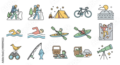 Outdoor recreation activities icons set.