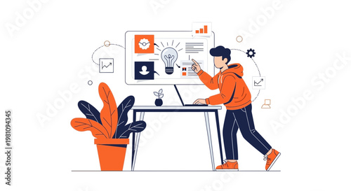 Man working on laptop with idea bulb on screen, business concept illustration