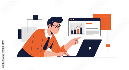 Man working on laptop with financial charts, business analytics, digital marketing concept