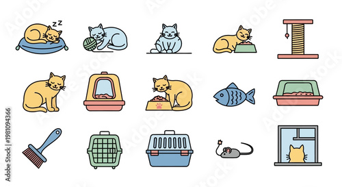 Cats and Pet Cages Icons.