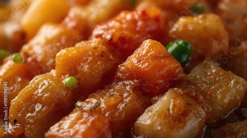 Indonesian Cuisine Delectable glazed potatoes and vegetables. A rich, sweet, and savory dish with vibrant green garnish, offering authentic comfort food