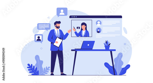 Online Business Meeting: Man Presenting to Remote Team via Video Conference