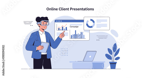 Online Client Presentation: Businesswoman using VR headset for virtual meeting with charts