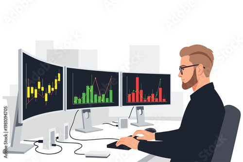 Professional trader working with multiple computer screens showing financial stock charts.