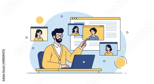 Online Education: Teacher leading virtual class with students on screen, laptop and whiteboard