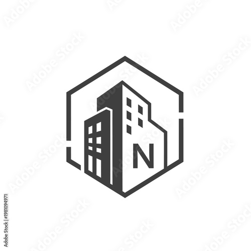 Building Silhouette with Letter N Hexagon Logo Design for Real Estate on Isolated White Background