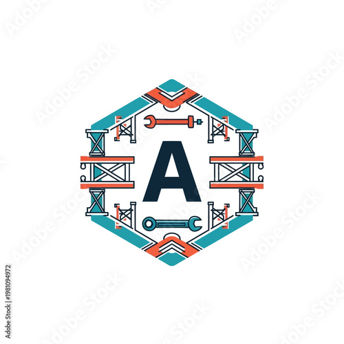 Letter A with Integrated Industrial Tools Hexagon Logo Design on Isolated White Background