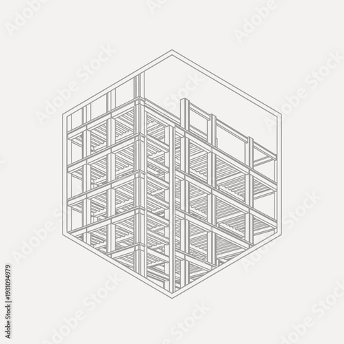 Wireframe Isometric Hexagon Building Structure Outline Architectural Design on Isolated White Background