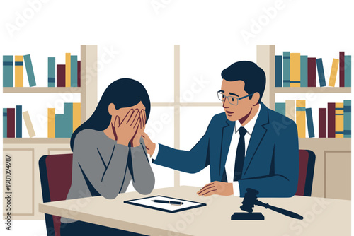 Sad woman lawyer consoling her in office, legal assistance, support during divorce process.