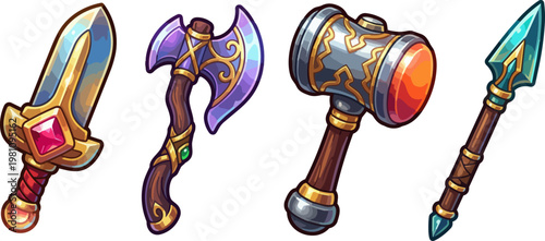 Medieval fantasy weapons on display.