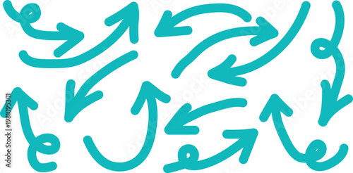 Collection of teal arrows diverse directions and circular movements
