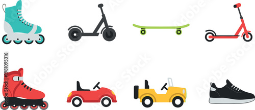 "Modern Transportation and Footwear Collection: Roller Skates, Scooters, Skateboards, Cars, and Sneakers for Active Lifestyle and Urban Mobility"