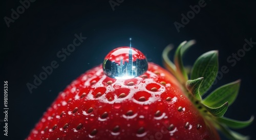 A Macro Shot of a Strawberry with a Miniature Cityscape Reflection in a Water Droplet, Symbolizing the Rich Cuisine and Vibrant Culture of Indonesia