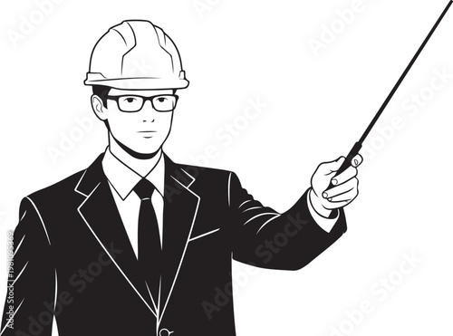 Businessman in hard hat holding pointer suit glasses
