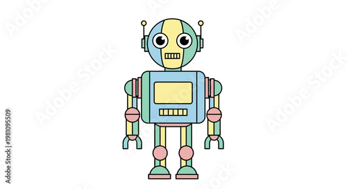 Colorful cartoon robot with screen.