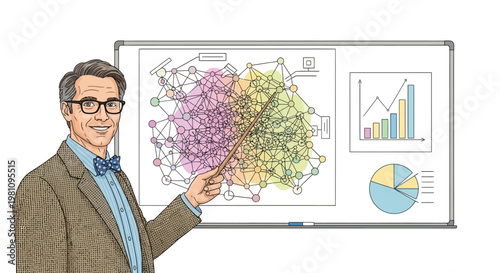Man in glasses presenting molecular model.