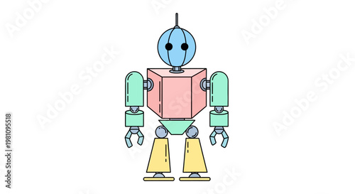 A cartoon robot with blue head.