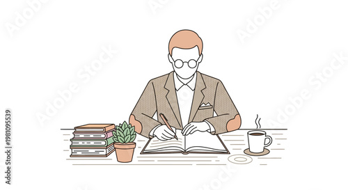 Man wearing glasses writing on book.