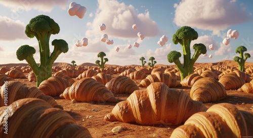 A surreal culinary dreamscape featuring golden croissant fields, broccoli trees, and marshmallow clouds, an imaginative fantasy with a playful nod to Indonesian cuisine